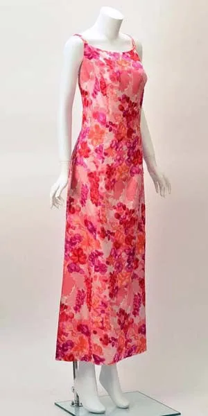 1964 Helga Salmon Pink Satin Evening Gown with Velvet Flowers