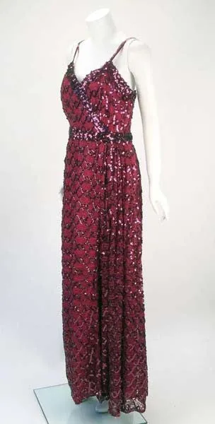 1970s Lilli Diamond Maroon Sequined Evening Gown
