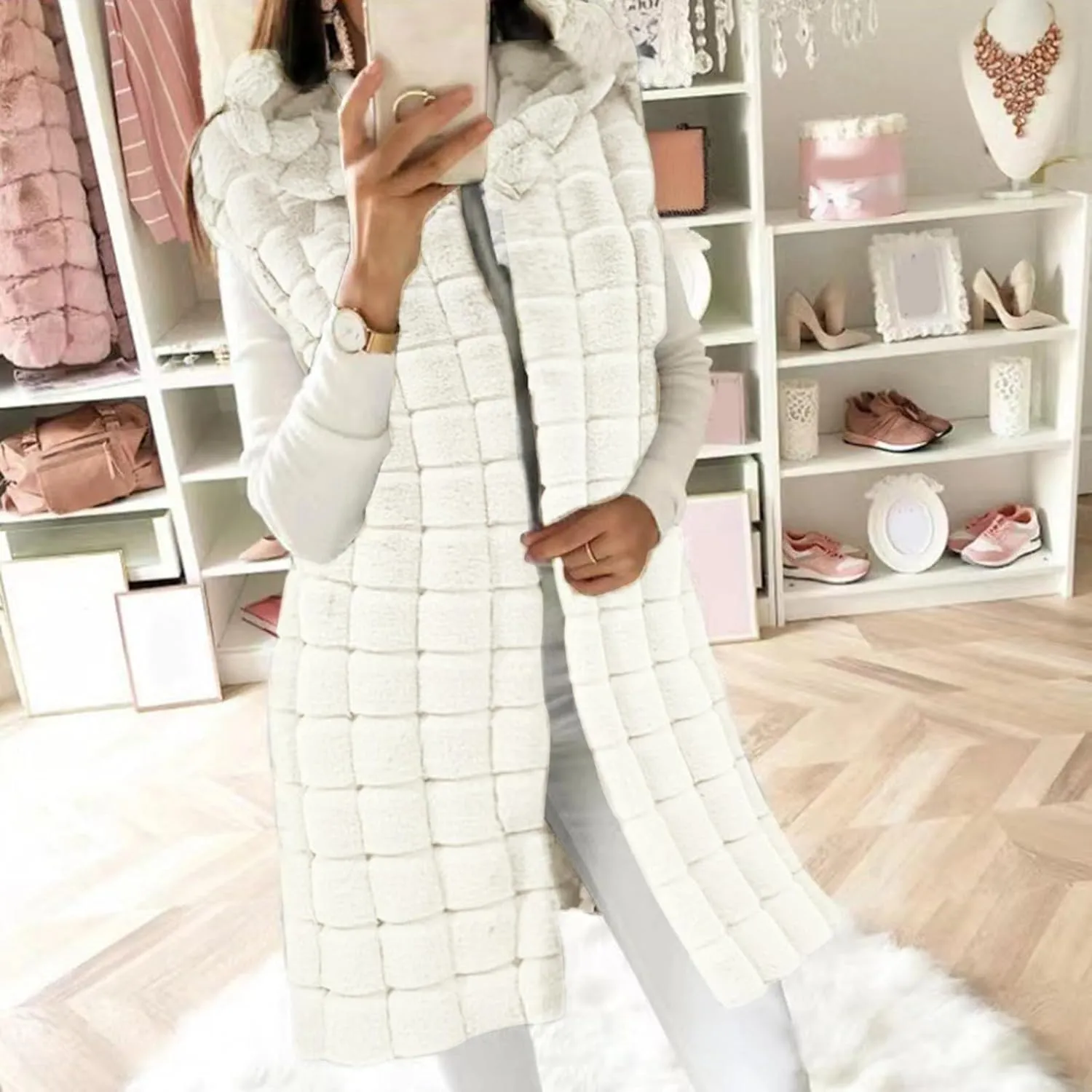 2023 Womens Fall Reversible Puffer Vests Sleeveless Fleece Jacket Zip Up Hoodie Pockets Long Warm Winter Coat Outerwear