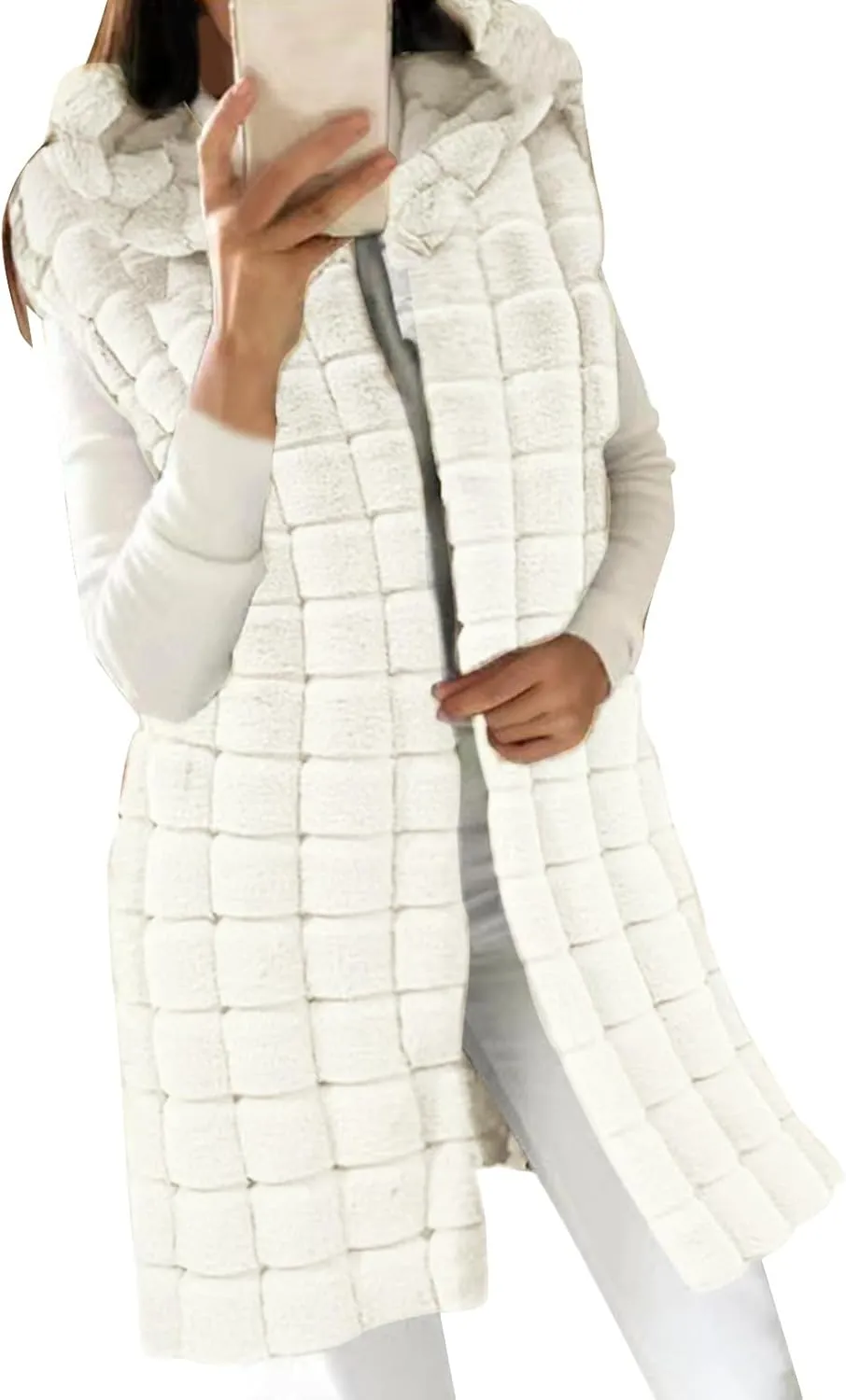 2023 Womens Fall Reversible Puffer Vests Sleeveless Fleece Jacket Zip Up Hoodie Pockets Long Warm Winter Coat Outerwear