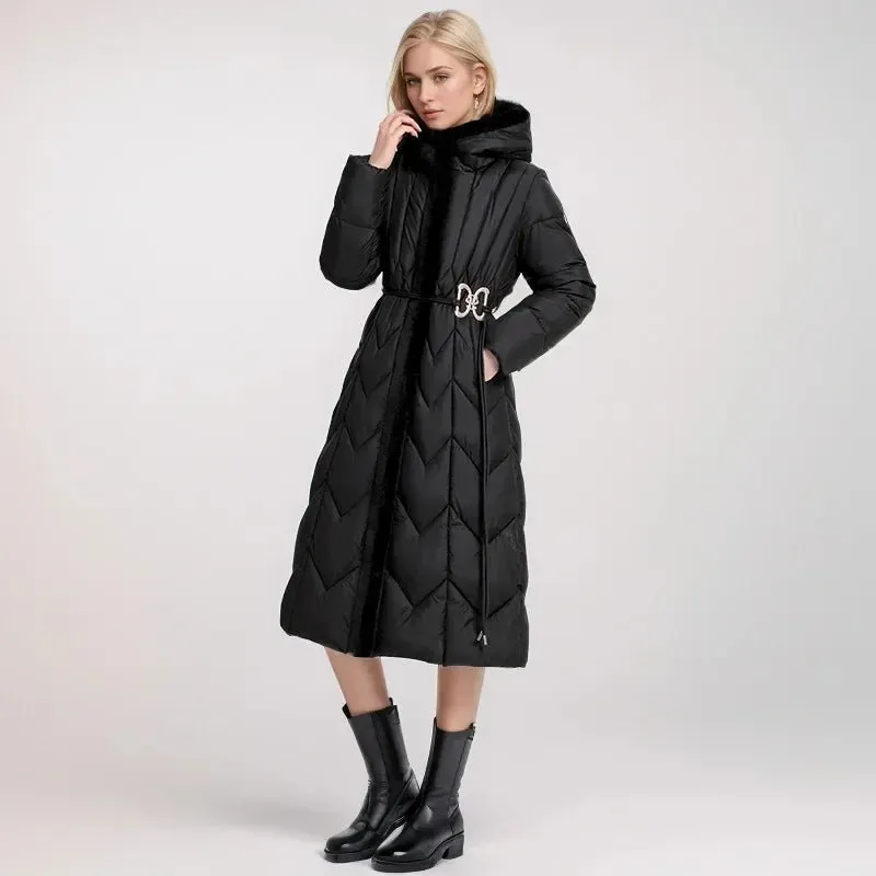2024 Frau Winter Daunen Baumwoll jacke langen Mantel mit Gürtel neue Kapuzen taschen Reiß verschluss dicke warme weibliche Kapuze gepolsterte Parkas
