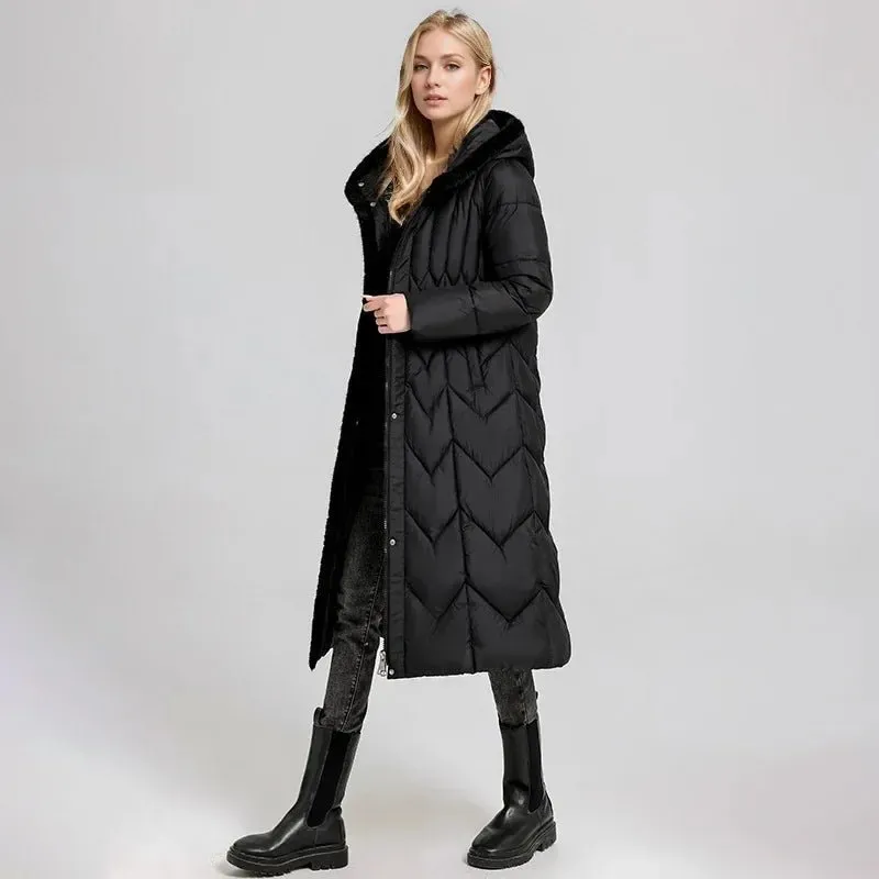 2024 Frau Winter Daunen Baumwoll jacke langen Mantel mit Gürtel neue Kapuzen taschen Reiß verschluss dicke warme weibliche Kapuze gepolsterte Parkas