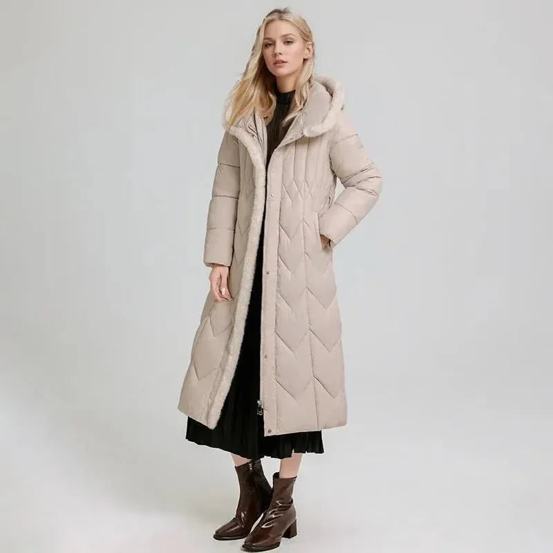 2024 Frau Winter Daunen Baumwoll jacke langen Mantel mit Gürtel neue Kapuzen taschen Reiß verschluss dicke warme weibliche Kapuze gepolsterte Parkas