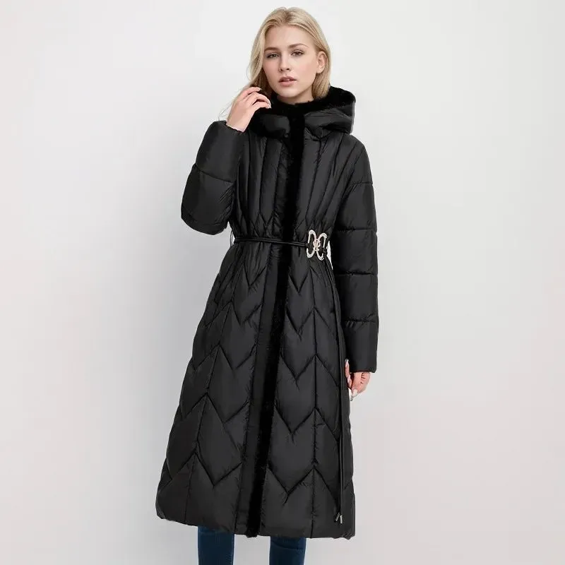 2024 Frau Winter Daunen Baumwoll jacke langen Mantel mit Gürtel neue Kapuzen taschen Reiß verschluss dicke warme weibliche Kapuze gepolsterte Parkas