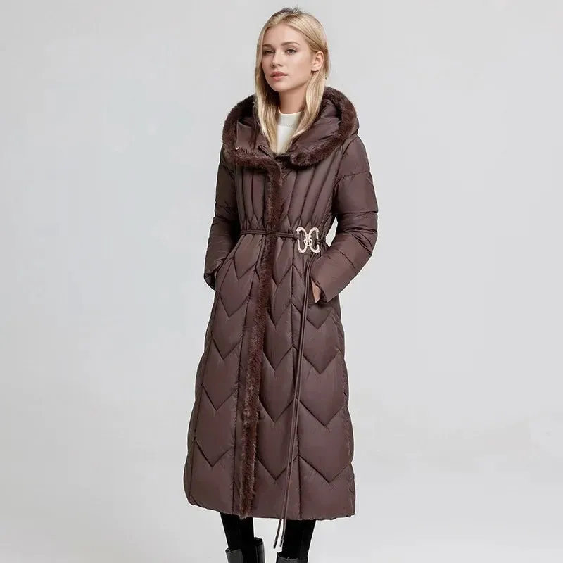 2024 Frau Winter Daunen Baumwoll jacke langen Mantel mit Gürtel neue Kapuzen taschen Reiß verschluss dicke warme weibliche Kapuze gepolsterte Parkas