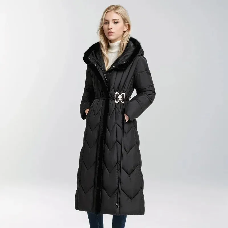 2024 Frau Winter Daunen Baumwoll jacke langen Mantel mit Gürtel neue Kapuzen taschen Reiß verschluss dicke warme weibliche Kapuze gepolsterte Parkas