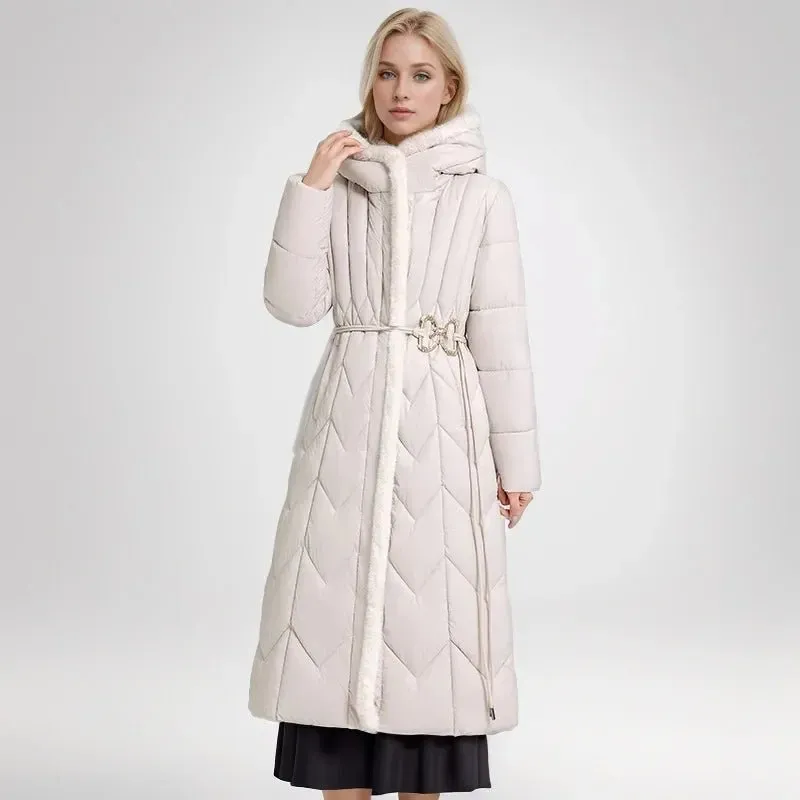 2024 Frau Winter Daunen Baumwoll jacke langen Mantel mit Gürtel neue Kapuzen taschen Reiß verschluss dicke warme weibliche Kapuze gepolsterte Parkas