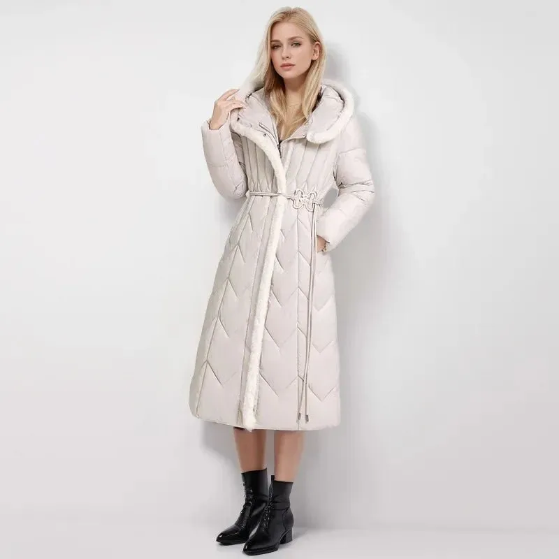 2024 Frau Winter Daunen Baumwoll jacke langen Mantel mit Gürtel neue Kapuzen taschen Reiß verschluss dicke warme weibliche Kapuze gepolsterte Parkas