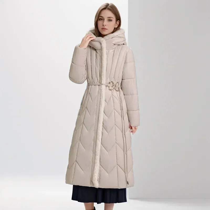 2024 Frau Winter Daunen Baumwoll jacke langen Mantel mit Gürtel neue Kapuzen taschen Reiß verschluss dicke warme weibliche Kapuze gepolsterte Parkas