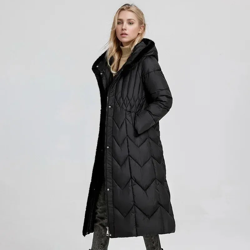 2024 Frau Winter Daunen Baumwoll jacke langen Mantel mit Gürtel neue Kapuzen taschen Reiß verschluss dicke warme weibliche Kapuze gepolsterte Parkas