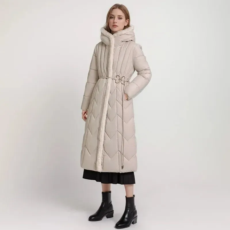 2024 Frau Winter Daunen Baumwoll jacke langen Mantel mit Gürtel neue Kapuzen taschen Reiß verschluss dicke warme weibliche Kapuze gepolsterte Parkas