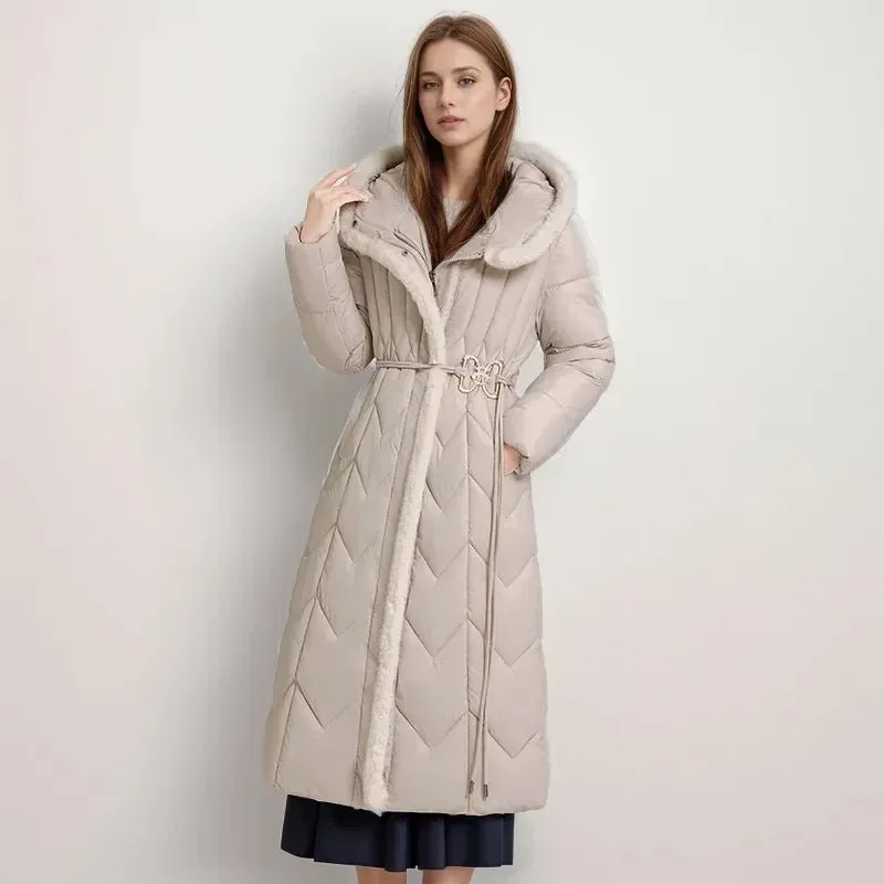 2024 Frau Winter Daunen Baumwoll jacke langen Mantel mit Gürtel neue Kapuzen taschen Reiß verschluss dicke warme weibliche Kapuze gepolsterte Parkas