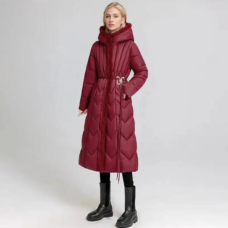 2024 Frau Winter Daunen Baumwoll jacke langen Mantel mit Gürtel neue Kapuzen taschen Reiß verschluss dicke warme weibliche Kapuze gepolsterte Parkas