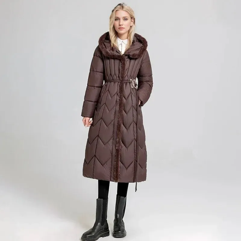 2024 Frau Winter Daunen Baumwoll jacke langen Mantel mit Gürtel neue Kapuzen taschen Reiß verschluss dicke warme weibliche Kapuze gepolsterte Parkas