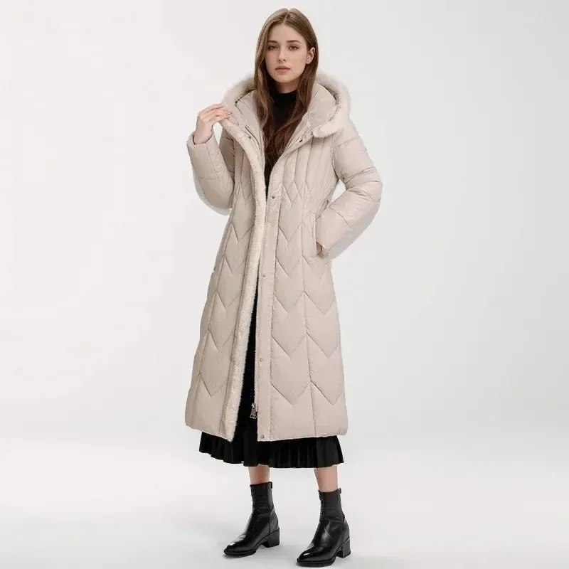2024 Frau Winter Daunen Baumwoll jacke langen Mantel mit Gürtel neue Kapuzen taschen Reiß verschluss dicke warme weibliche Kapuze gepolsterte Parkas