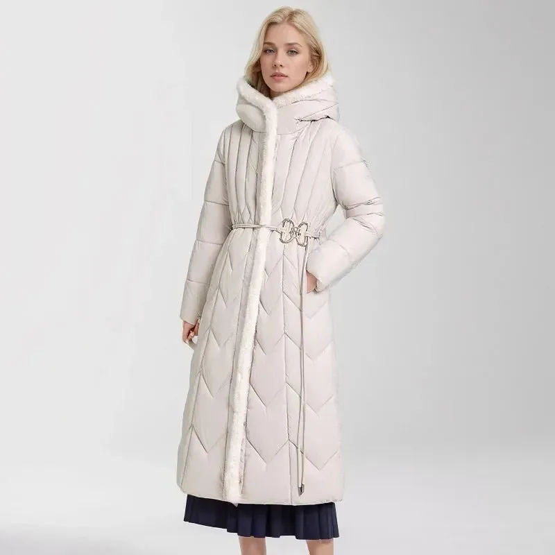 2024 Frau Winter Daunen Baumwoll jacke langen Mantel mit Gürtel neue Kapuzen taschen Reiß verschluss dicke warme weibliche Kapuze gepolsterte Parkas