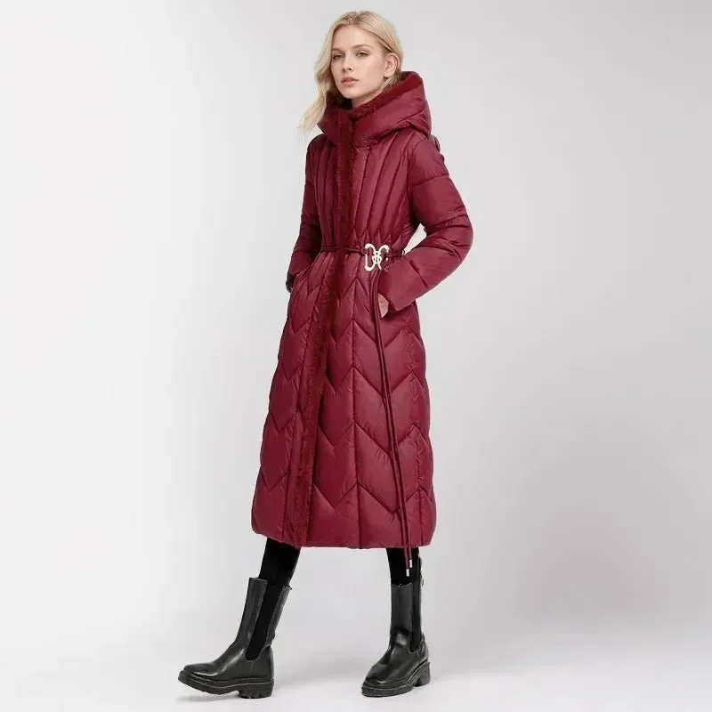 2024 Frau Winter Daunen Baumwoll jacke langen Mantel mit Gürtel neue Kapuzen taschen Reiß verschluss dicke warme weibliche Kapuze gepolsterte Parkas