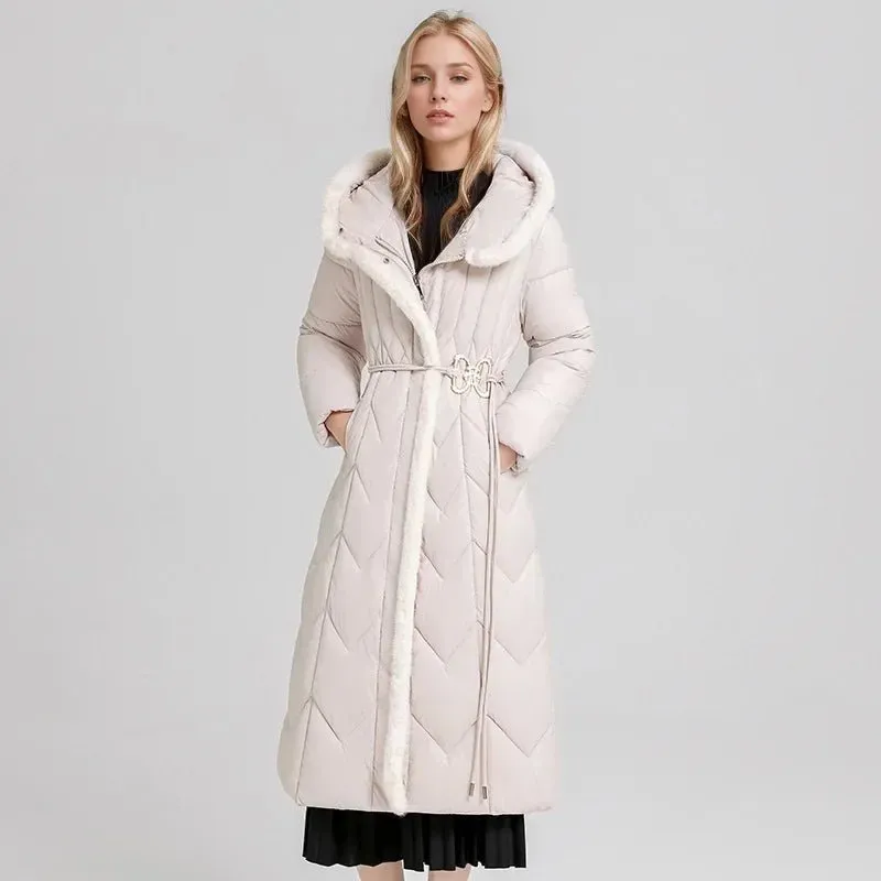 2024 Frau Winter Daunen Baumwoll jacke langen Mantel mit Gürtel neue Kapuzen taschen Reiß verschluss dicke warme weibliche Kapuze gepolsterte Parkas