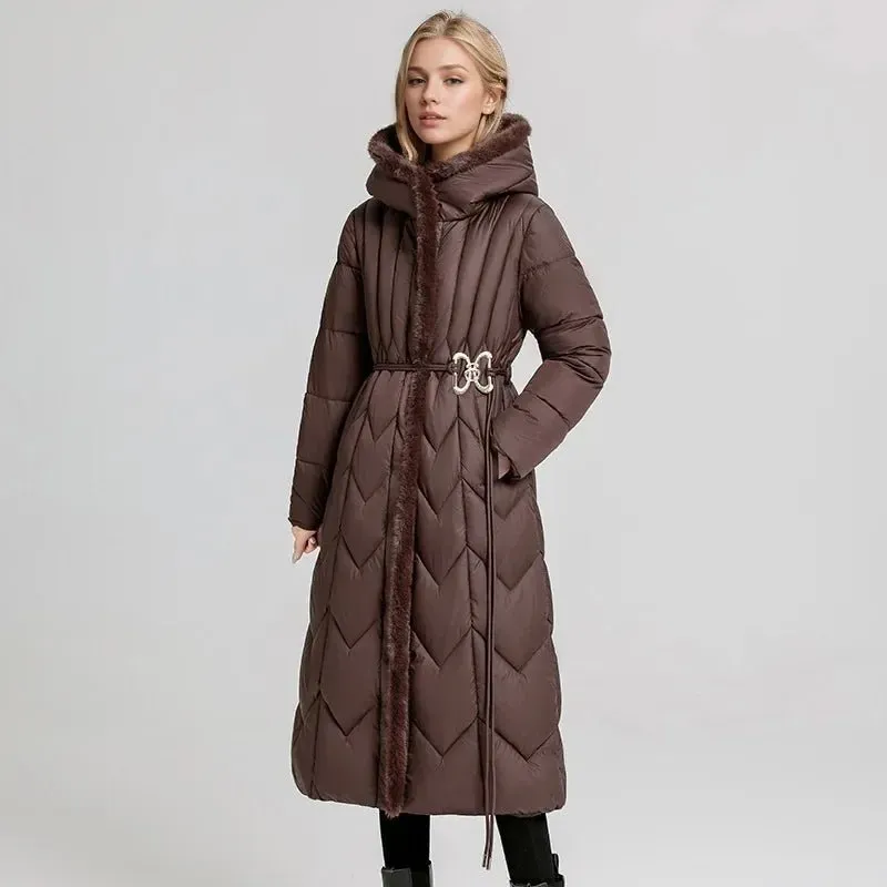 2024 Frau Winter Daunen Baumwoll jacke langen Mantel mit Gürtel neue Kapuzen taschen Reiß verschluss dicke warme weibliche Kapuze gepolsterte Parkas