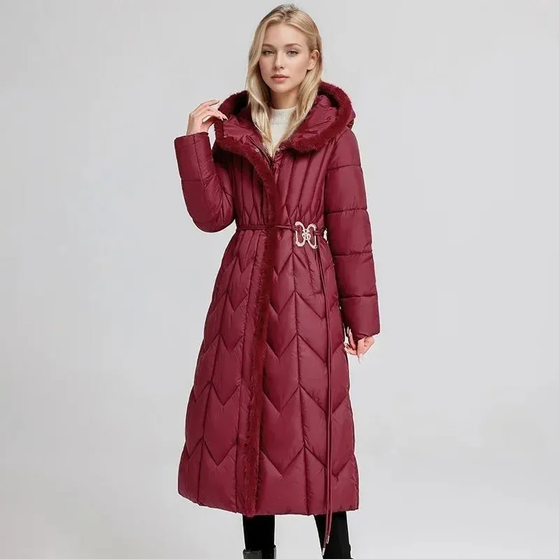 2024 Frau Winter Daunen Baumwoll jacke langen Mantel mit Gürtel neue Kapuzen taschen Reiß verschluss dicke warme weibliche Kapuze gepolsterte Parkas