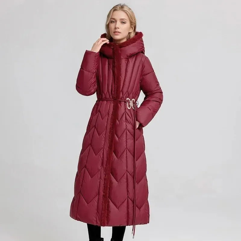 2024 Frau Winter Daunen Baumwoll jacke langen Mantel mit Gürtel neue Kapuzen taschen Reiß verschluss dicke warme weibliche Kapuze gepolsterte Parkas