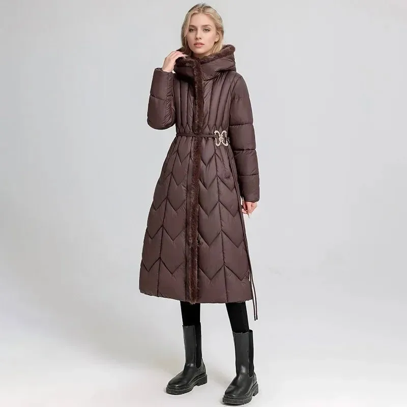 2024 Frau Winter Daunen Baumwoll jacke langen Mantel mit Gürtel neue Kapuzen taschen Reiß verschluss dicke warme weibliche Kapuze gepolsterte Parkas