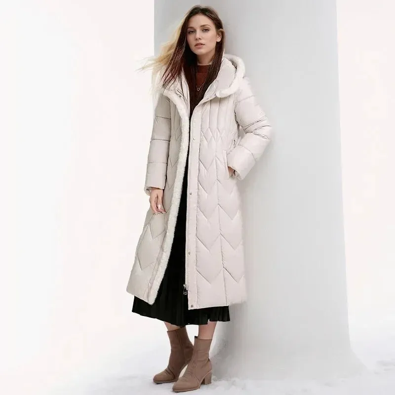 2024 Frau Winter Daunen Baumwoll jacke langen Mantel mit Gürtel neue Kapuzen taschen Reiß verschluss dicke warme weibliche Kapuze gepolsterte Parkas