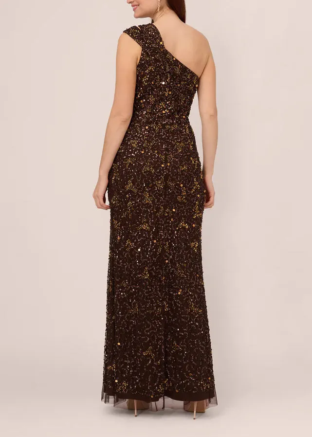 Adrianna Papell one shoulder beaded zipper closure mesh mermaid gown