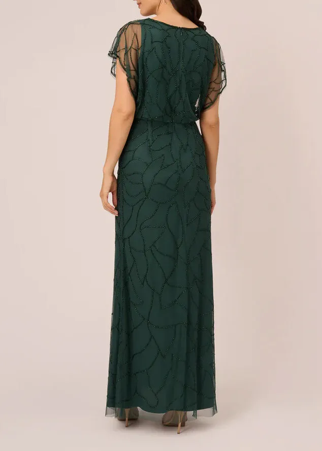 Adrianna Papell V-neck dolman sleeve blouson zipper closure beaded mesh gown (petite)