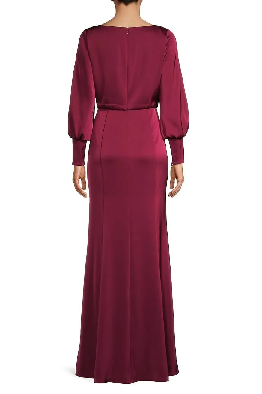 Aidan Mattox Boat Neck Keyhole Front Long Sleeve Blouson Mermaid Satin Gown