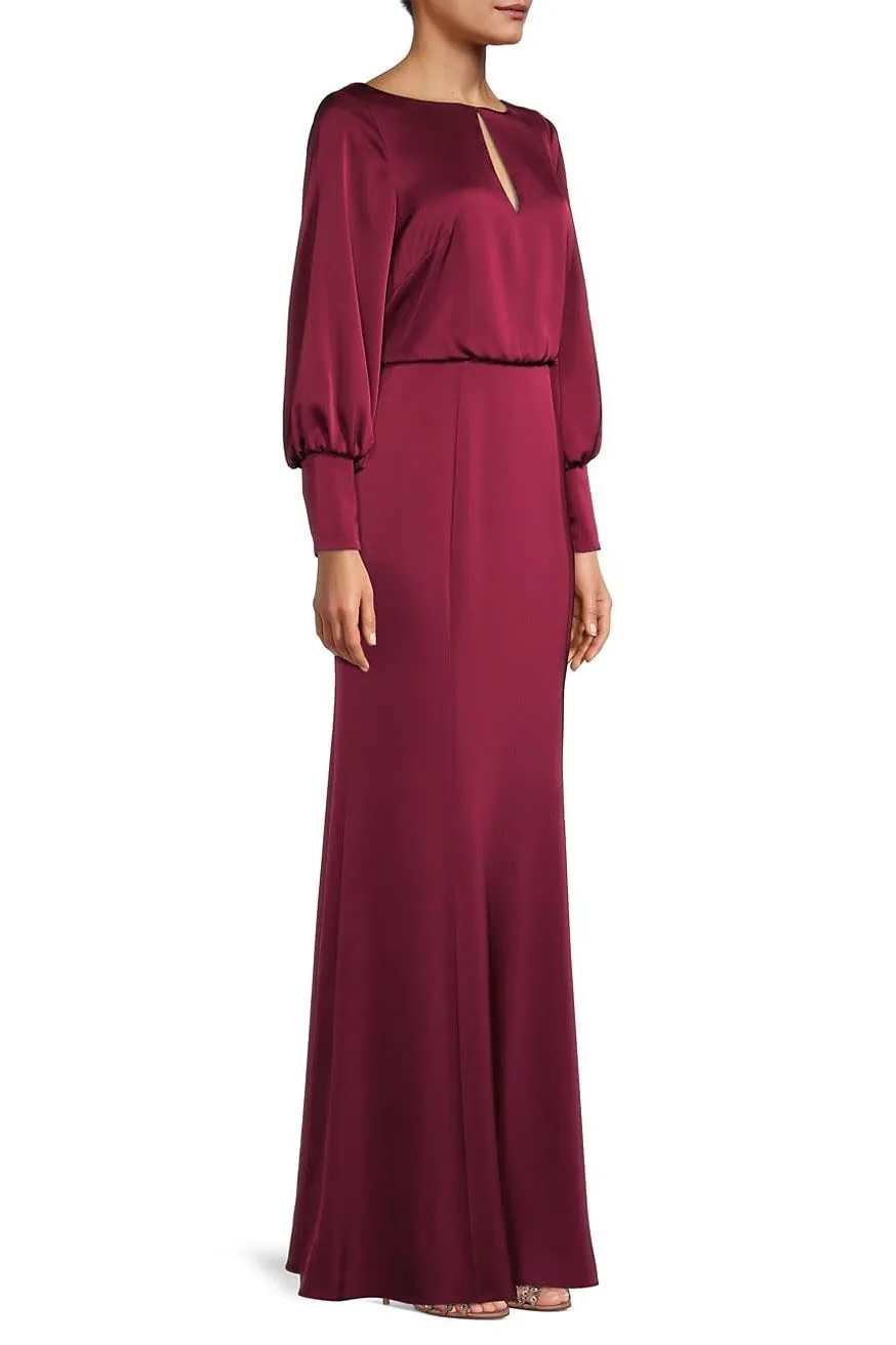 Aidan Mattox Boat Neck Keyhole Front Long Sleeve Blouson Mermaid Satin Gown
