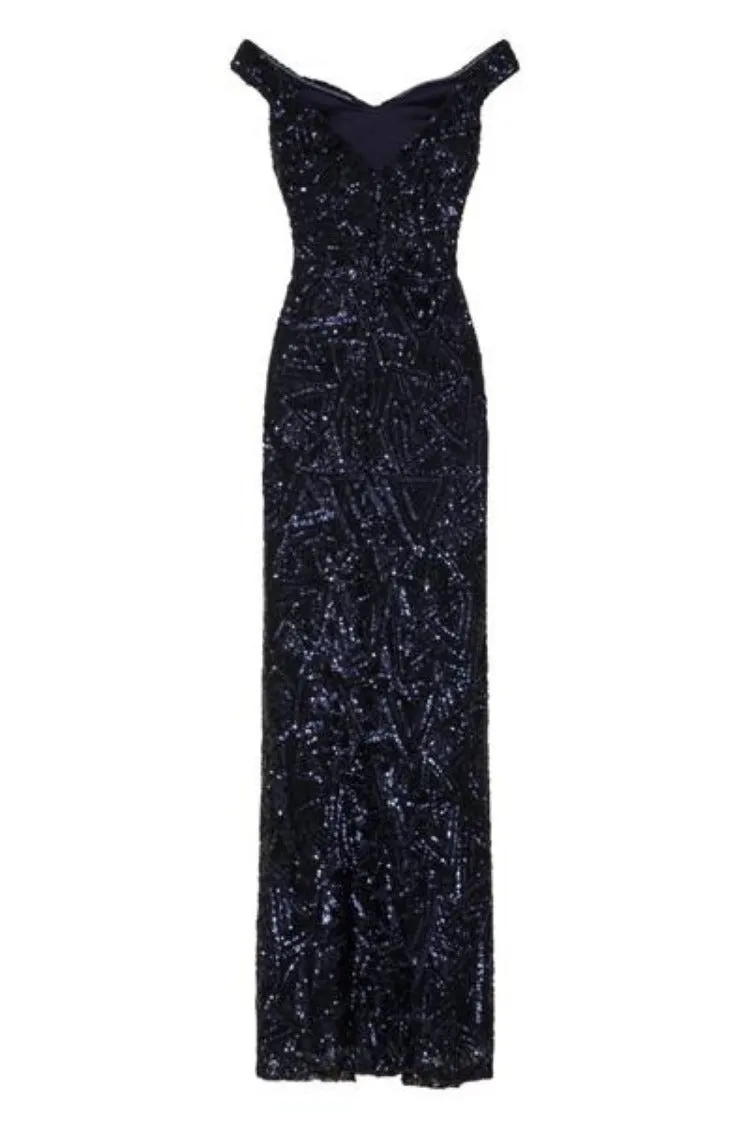 Amira Navy Luxe Love Triangle Sequin Off The Shoulder Maxi Dress