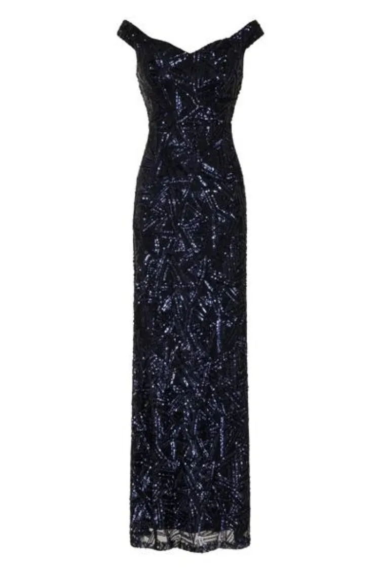 Amira Navy Luxe Love Triangle Sequin Off The Shoulder Maxi Dress