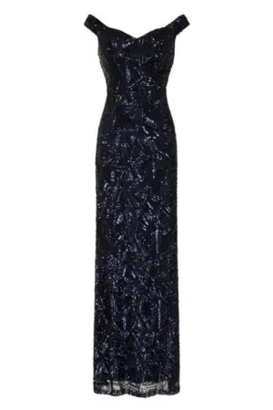 Amira Navy Luxe Love Triangle Sequin Off The Shoulder Maxi Dress