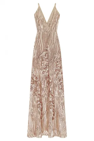 Amor Rose Gold Sheer Shimmer Floral Sequin Slit Maxi Dress