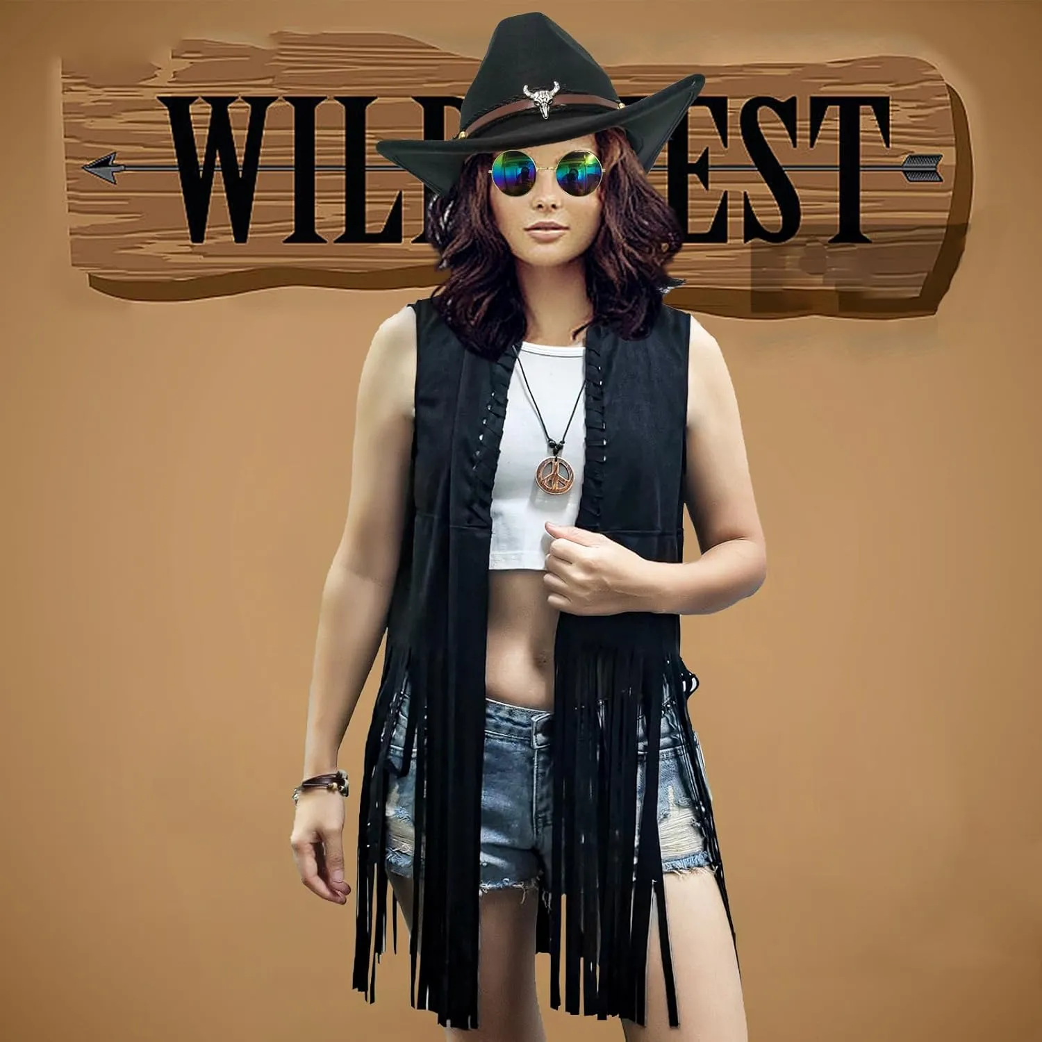 ATAMET 60s 70s Outfits for Women Hippie Costume Fringe Vest Faux Suede Tassel Vest Bohemia Headband Hippie Party Costume