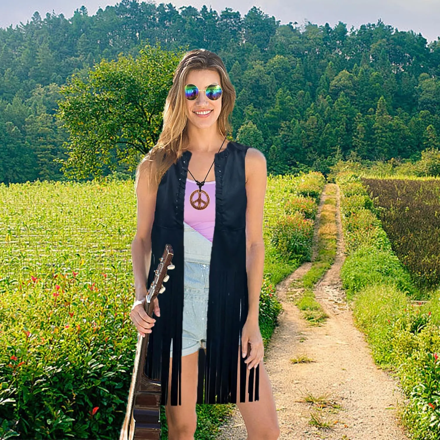 ATAMET 60s 70s Outfits for Women Hippie Costume Fringe Vest Faux Suede Tassel Vest Bohemia Headband Hippie Party Costume