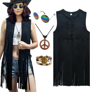 ATAMET 60s 70s Outfits for Women Hippie Costume Fringe Vest Faux Suede Tassel Vest Bohemia Headband Hippie Party Costume