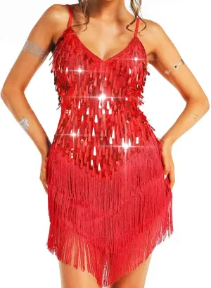 Aukmla Women Sparkly Sequin Fringe Mini Dress Sleeveless Latin Dance Tassel Dresses