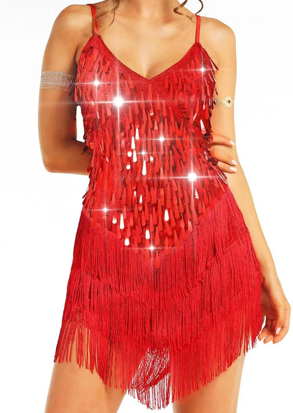 Aukmla Women Sparkly Sequin Fringe Mini Dress Sleeveless Latin Dance Tassel Dresses