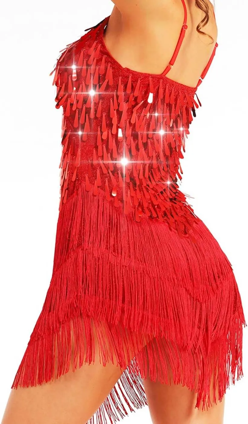 Aukmla Women Sparkly Sequin Fringe Mini Dress Sleeveless Latin Dance Tassel Dresses