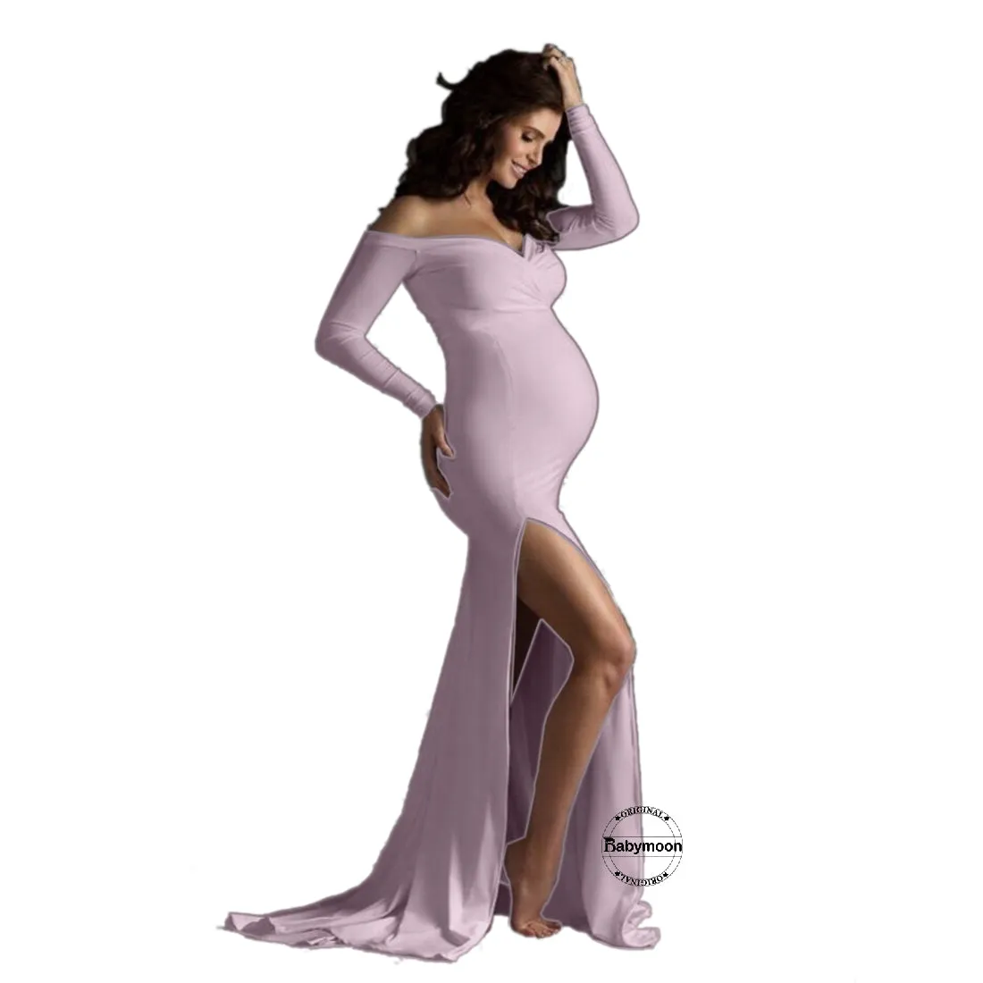 Babymoon Off Shoulder Full Sleeve Maternity Gown Dress - Pink