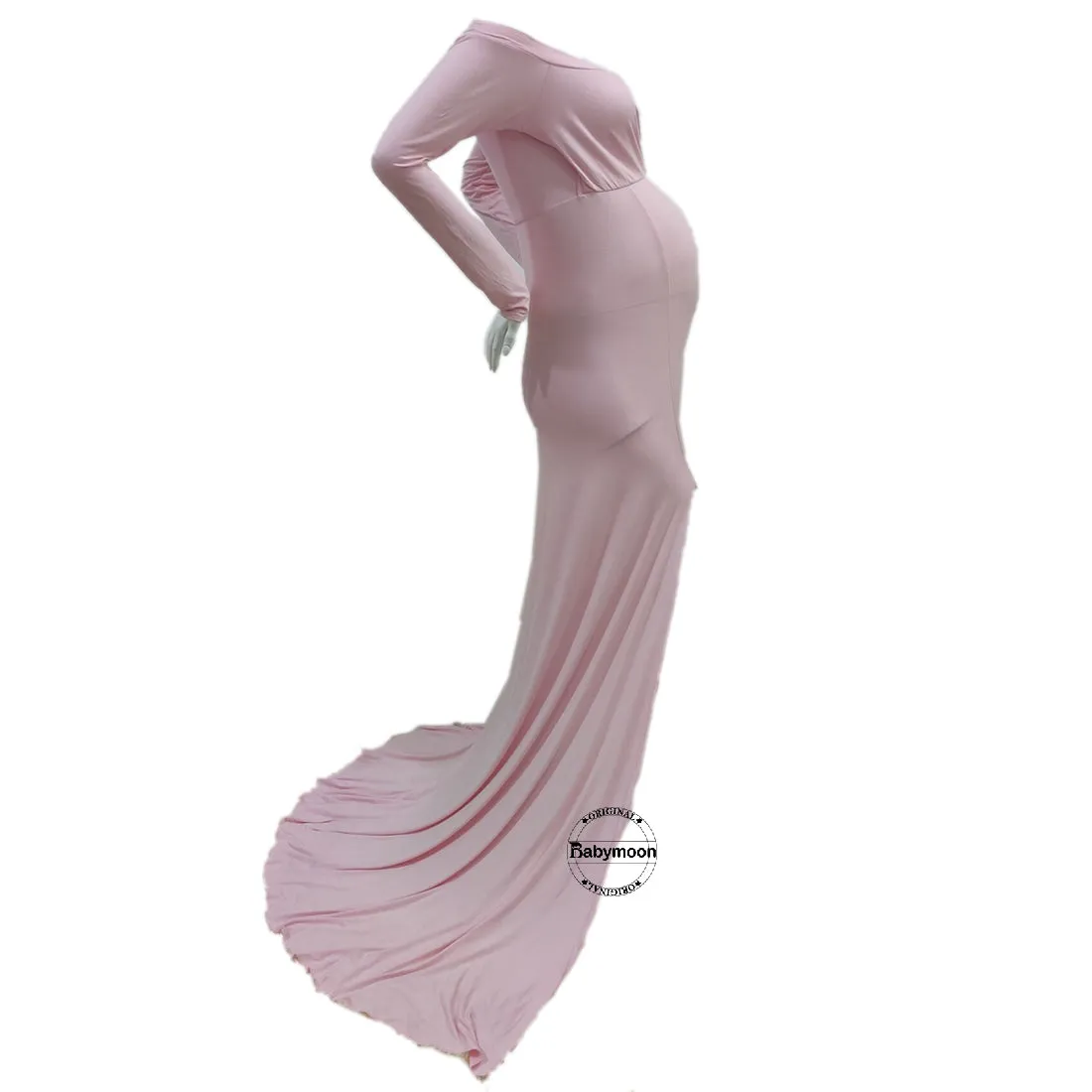 Babymoon Off Shoulder Full Sleeve Maternity Gown Dress - Pink