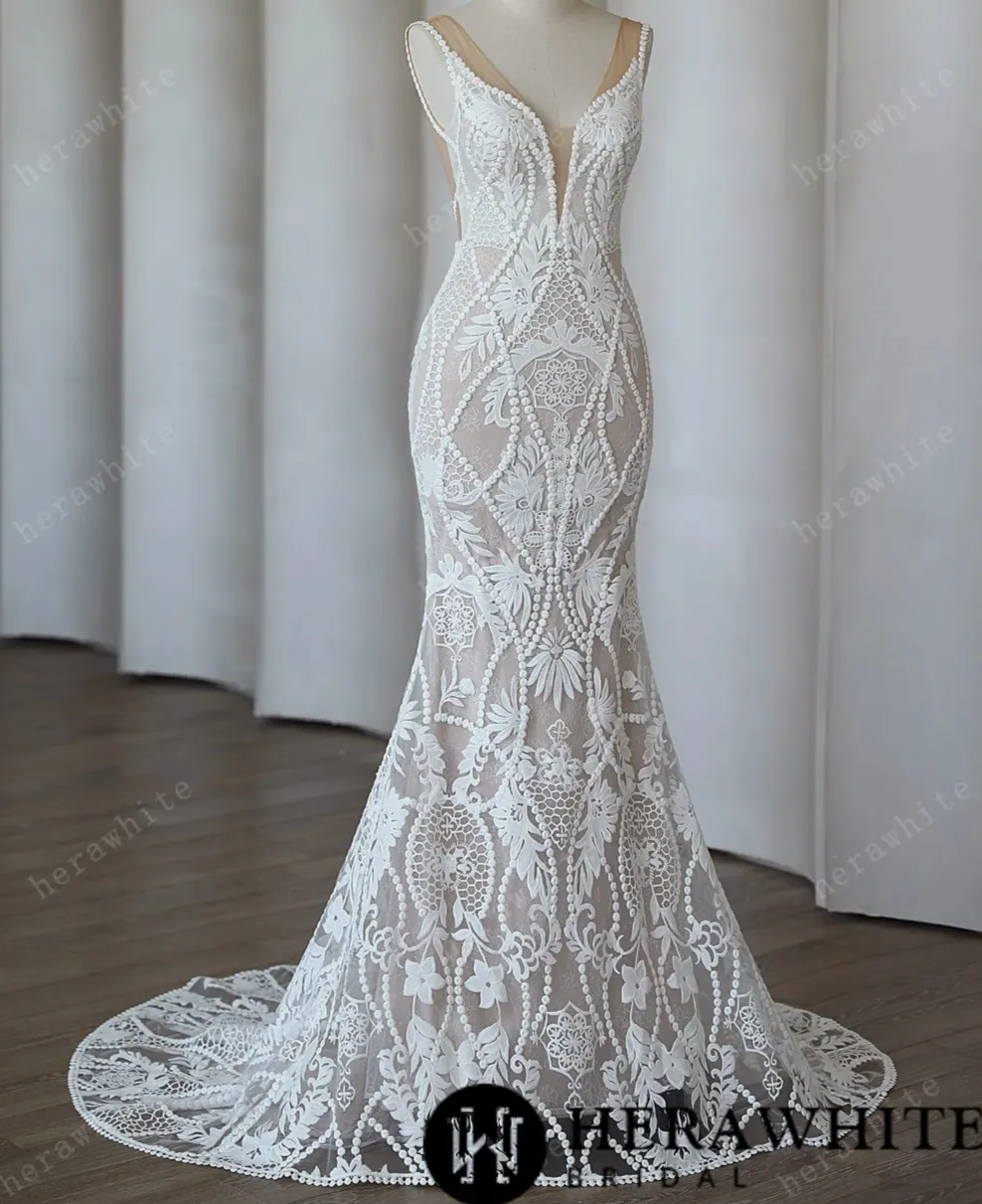 Backless Boho Chic Lace Mermaid Modern Bridal Gown
