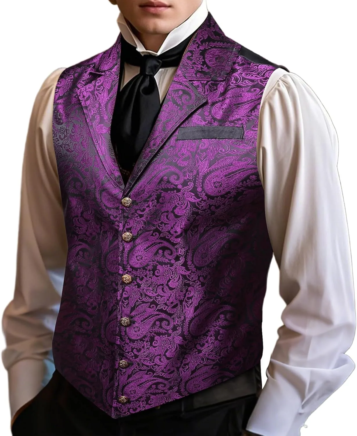 Barry.Wang Mens Victorian Vest Steampunk Gothic Paisley Tailored Collar Waistcoat Halloween Themed Party
