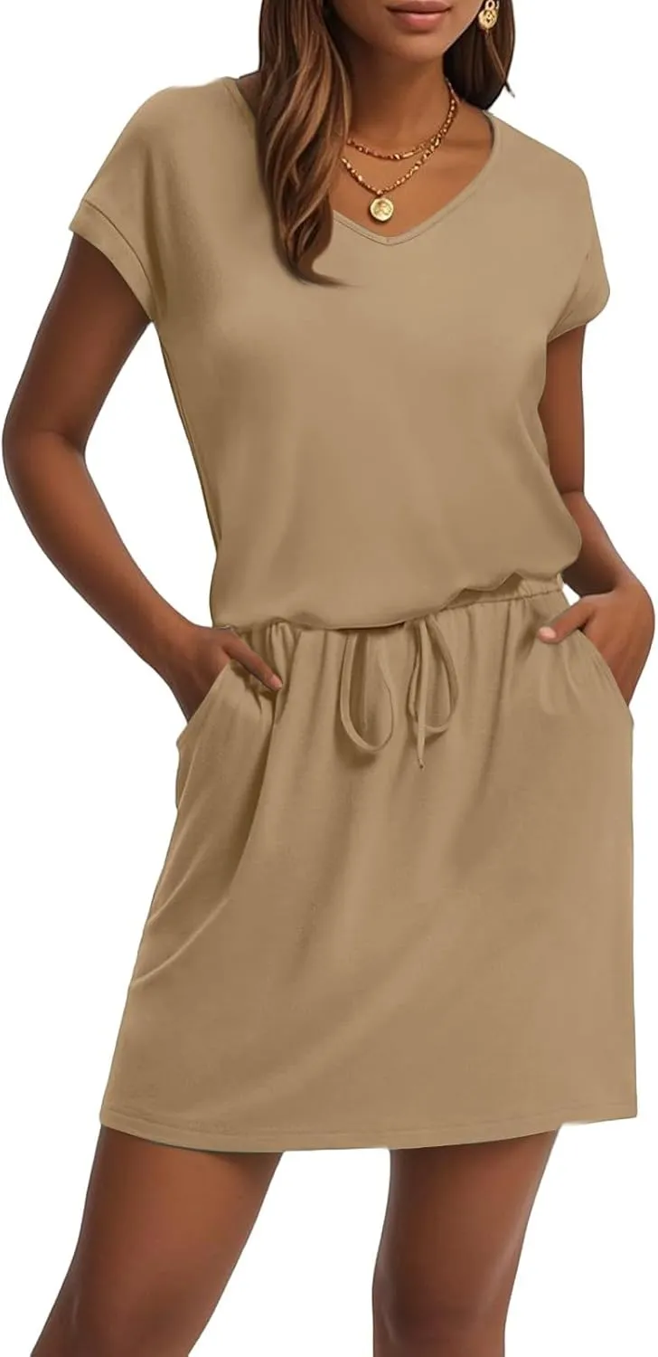 BAXLIMEK Mini Dresses for Women Summer Casual Loose V Neck Short Sleeve T Shirt Dress,Comfy Drawstring Striped Beach Dress