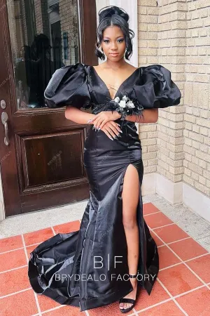 Black Satin Puff Sleeves V-neck Mermaid Slit Prom Evening Gown