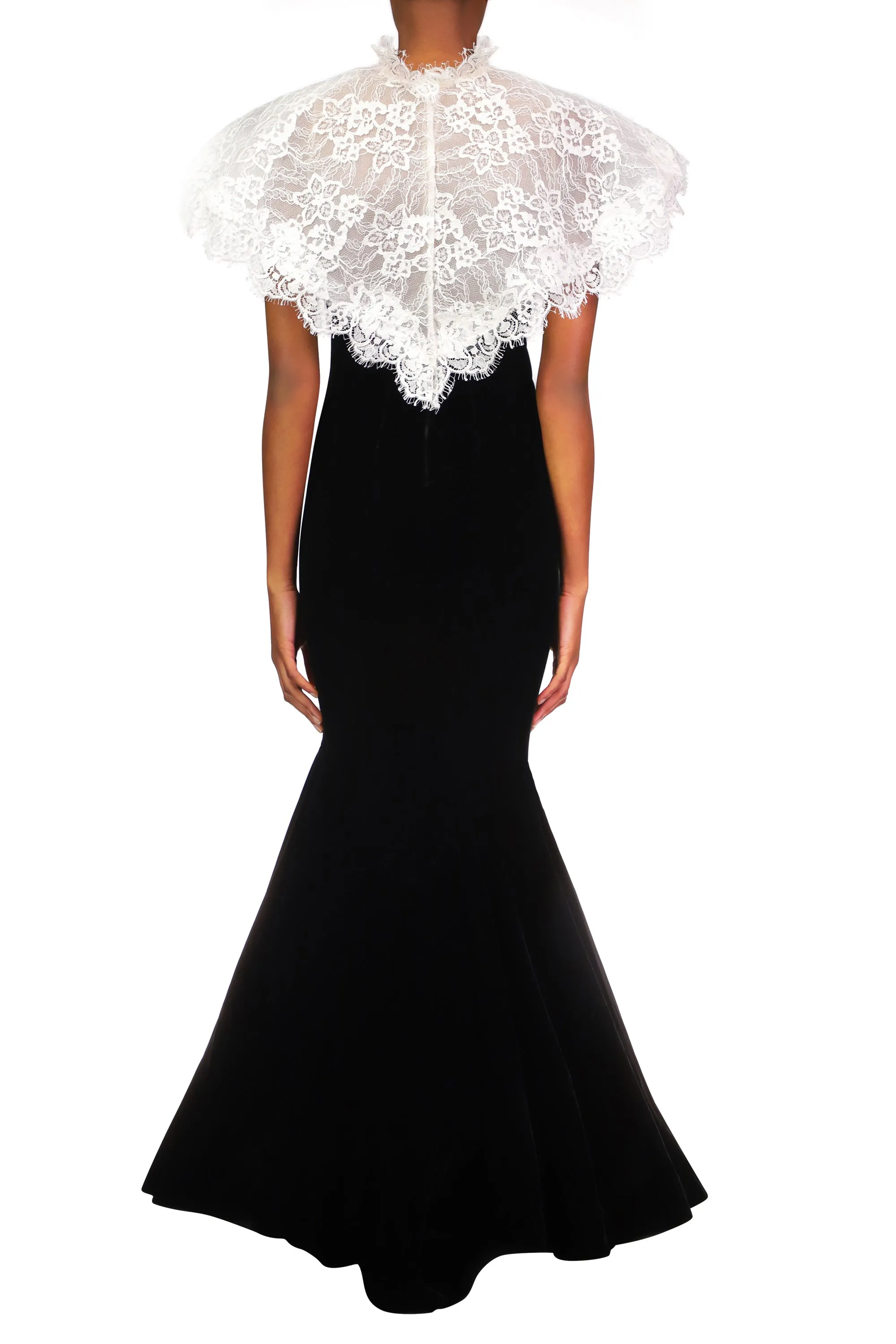 Black Velvet Gown With Off White Lace Collar