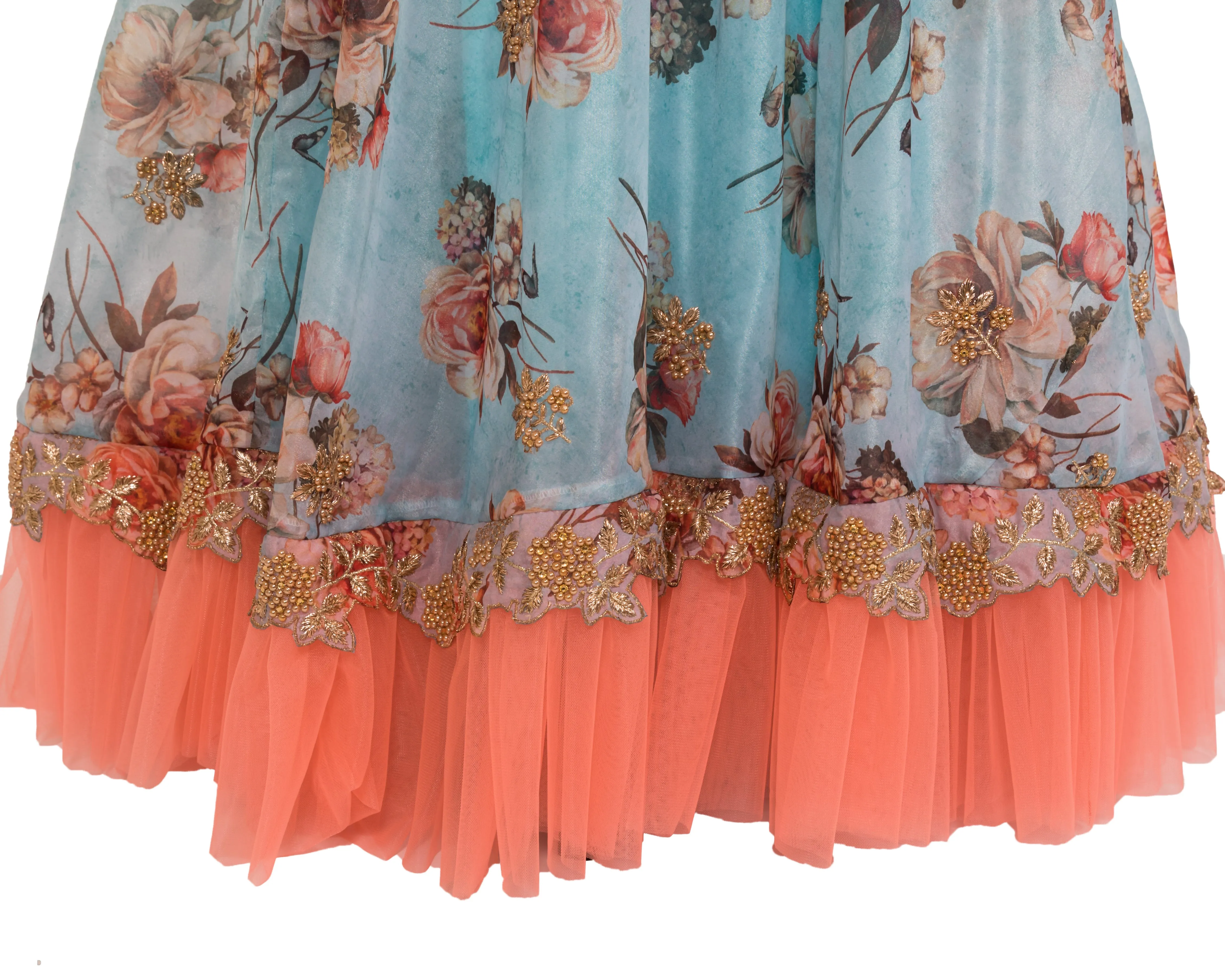 Blue Floral Gown With Cutwork
