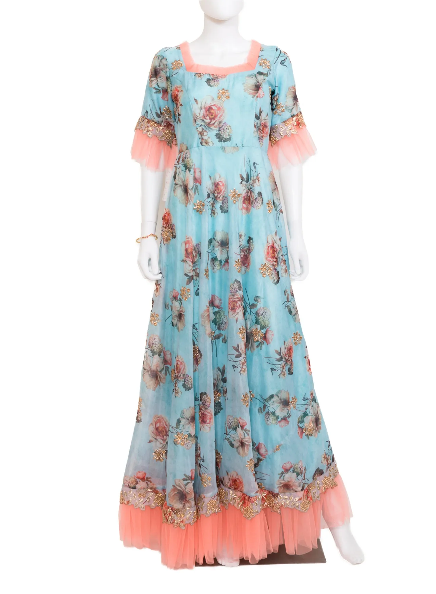 Blue Floral Gown With Cutwork